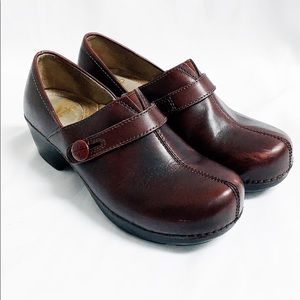 Dansko maroon leather slip on clogs